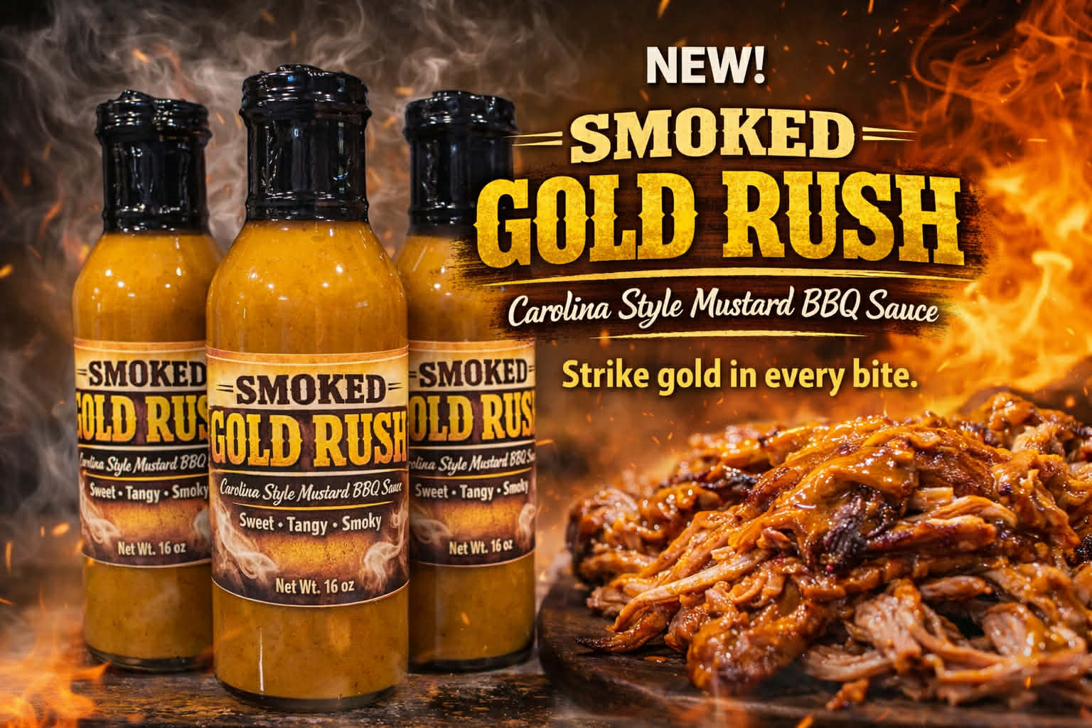 McCabe Smoked Gold Rush mustard barbecue sauce bottles beside pulled pork